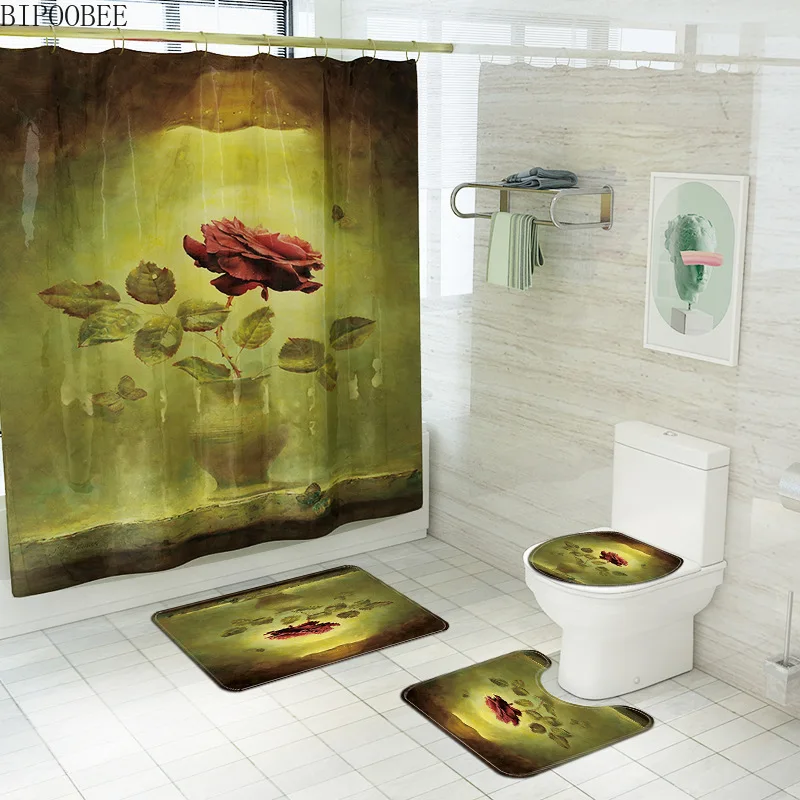 

European Retro Flowers Bathroom Curtains Set Fabric Shower Curtain Non-Slip Pedestal Rug Toilet Lid Cover Bath Mats Home Decor