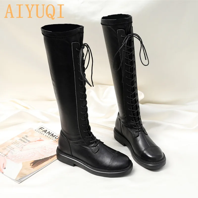 Женские сапоги из натуральной кожи Новинка осени 2020 рыцарские со шнуровкой