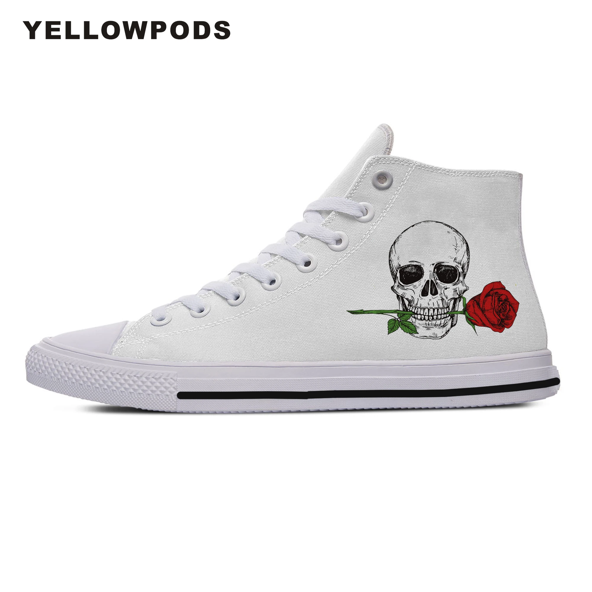 

Men's Casual Canvas Shoes Design Red Rose Skull Flower High Top White Drawstring For Women Flat Soled Sneakers Big Size