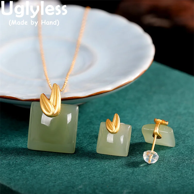

Uglyless Golden Bamboo Jewelry Sets for Women Square Hotan Jade Studs Earrings Pendants Necklaces 925 Sterling Silver + Chains