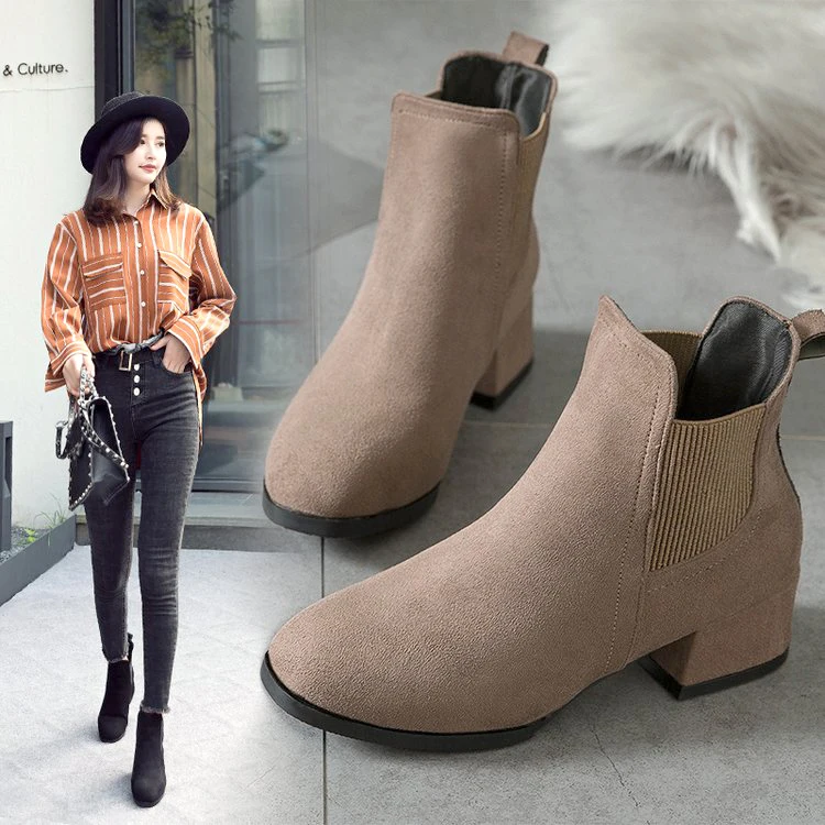 shoes beige women boots bota feminina ladies sapato 2019 British new black medium heel ankle zapatos de mujer | Обувь