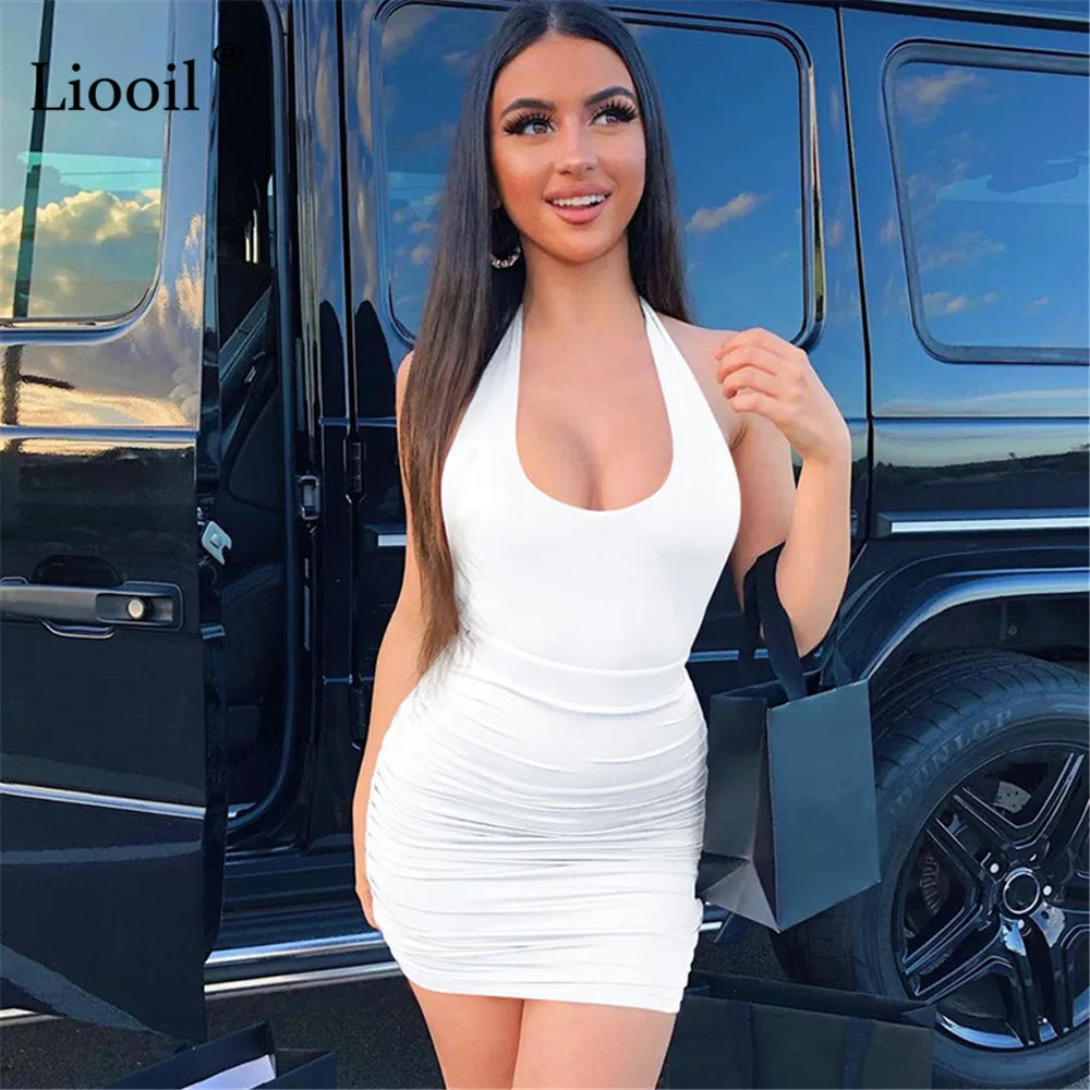 

Сексуальное облегающее мини-платье Liooil с рюшами, женская летняя уличная одежда без рукавов, с V-образным вырезом и открытой спиной, черные, б...