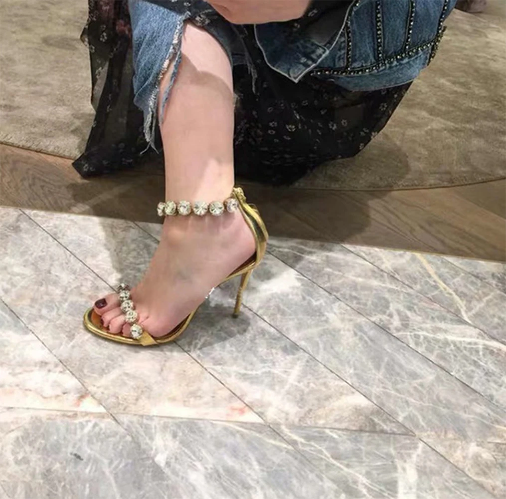 

Summer new sexy word with open toe high heels stiletto gold rhinestone sandals 34-40 size