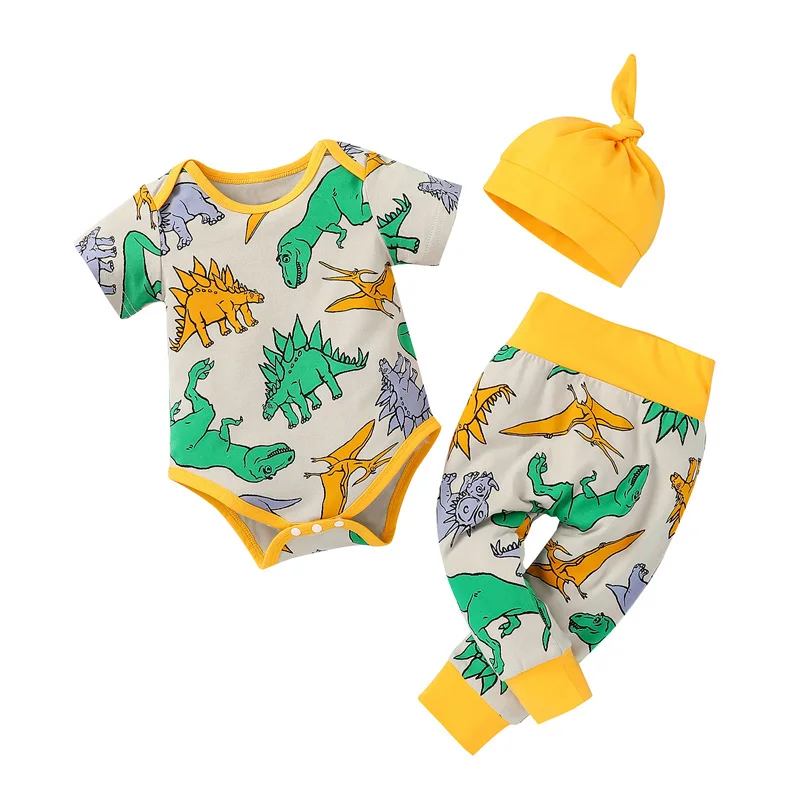

Pudcoco 0-18M 3Pcs Baby Boys Girls Summer Cartoon Print O-Neck Short Sleeve Bodysuit Top+Pants Trousers+Hat Outfit Sets