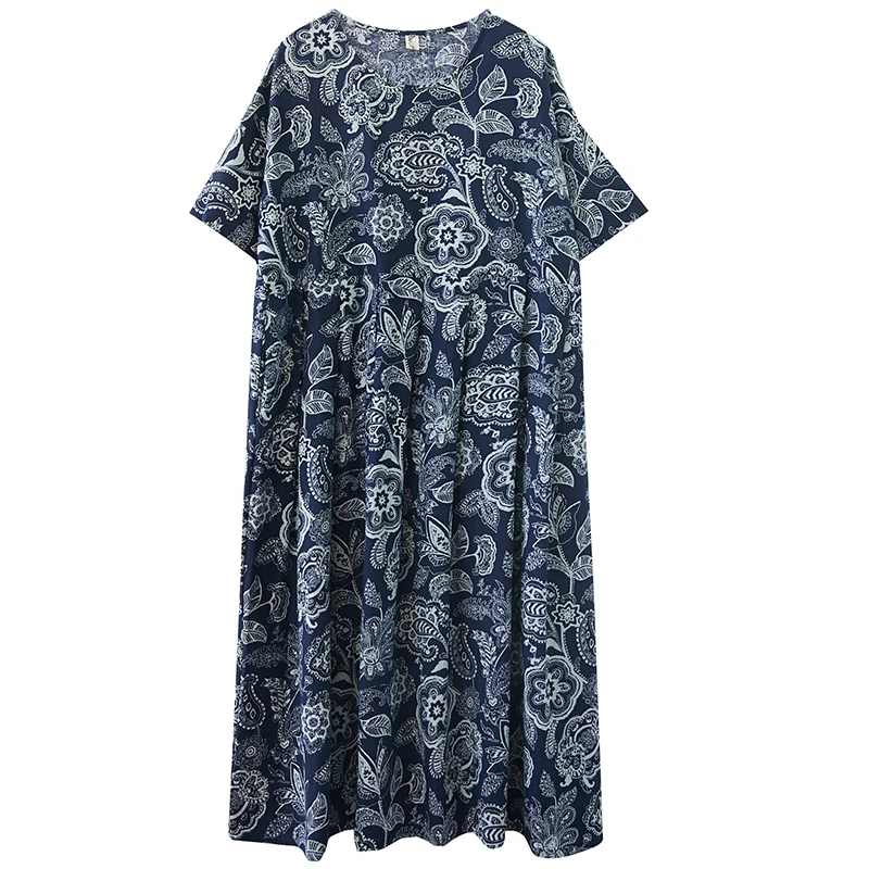 

BIG SIZE Summer Women Vintage Elegant Flower Print Tops Ladies Female Plus Large Long Casual Loose Ruffles Drapped Cotton Dress
