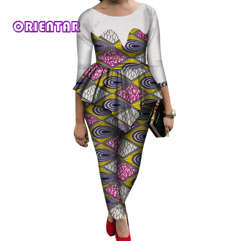 11 2 Pieces Sets Women African Pants Sets African Wax Print Long Sleeve Lace Tops and Pants Women Bazin Riche African Suits WY689 - Цвет: 11