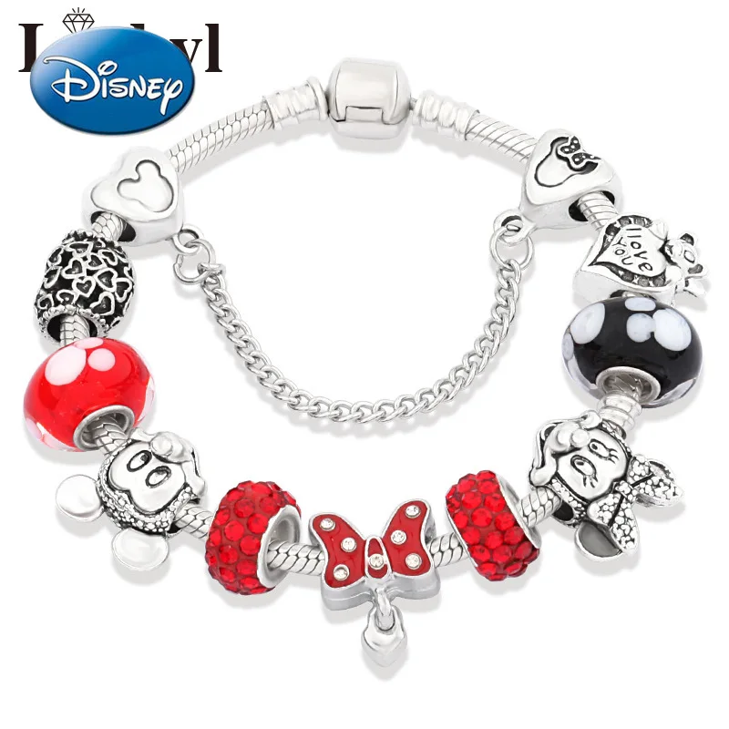 

Disney Simple Red Bow Knot Pendant Bracelet Glass Bead Bracelet Cartoon Mickey Minnie Bracelet