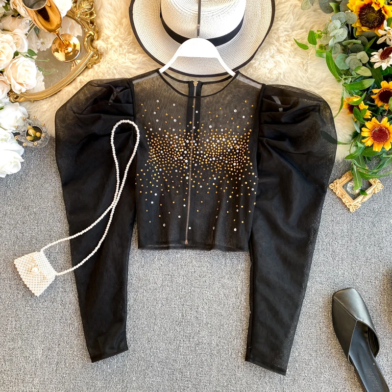 ALPHALMODA 2020 Весна кристалл шик перспективная укороченная блузка наряд тонкий