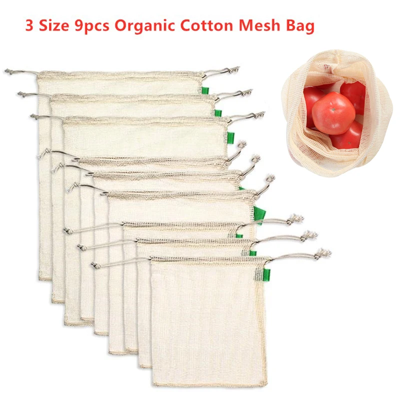 

9pcs/set Premium Organic Cotton Mesh Produce Bags Reusable Washable Storage Drawstring Bag for Shopping Grocery Fruit Vegetable