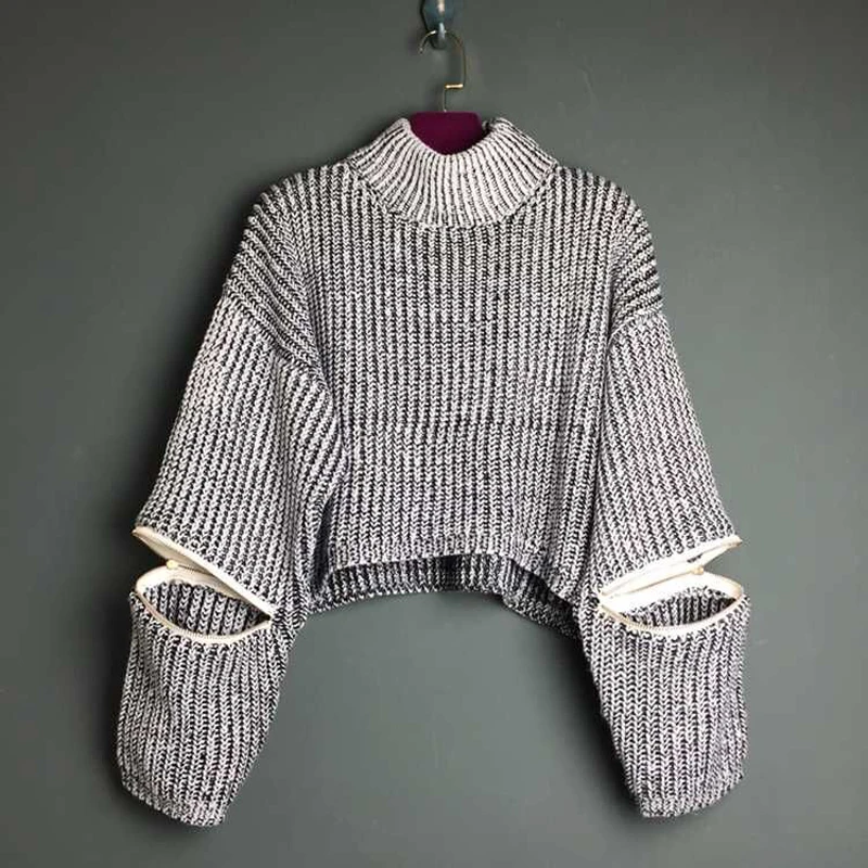 Женский однотонный винтажный свитер укороченный вязаный с длинным рукавом и