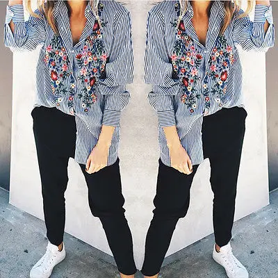 Брендовая Новая женская Повседневная Блузка с цветочной вышивкой Женская