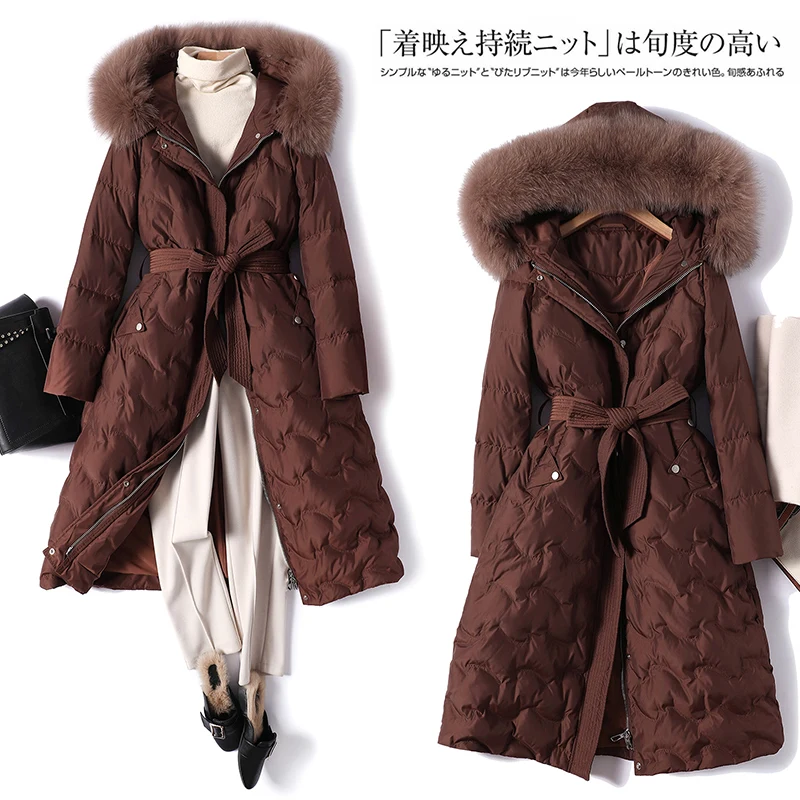 

SHUCHAN Long Winter Jacket and Coat for Women 90% White Duck Down Zipper Fox Fur Collar Detachable Wide-waisted Fashion