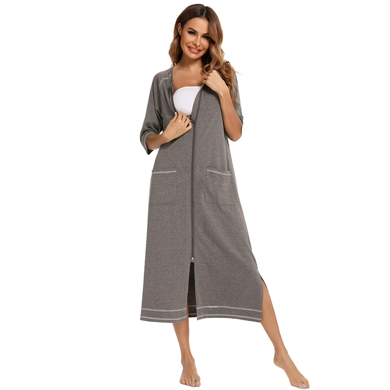 

Women's Pajamas Casual Midi Nightgown Short-sleeved Zipper Nightdress Sleepwear Oversized Robe robe femme