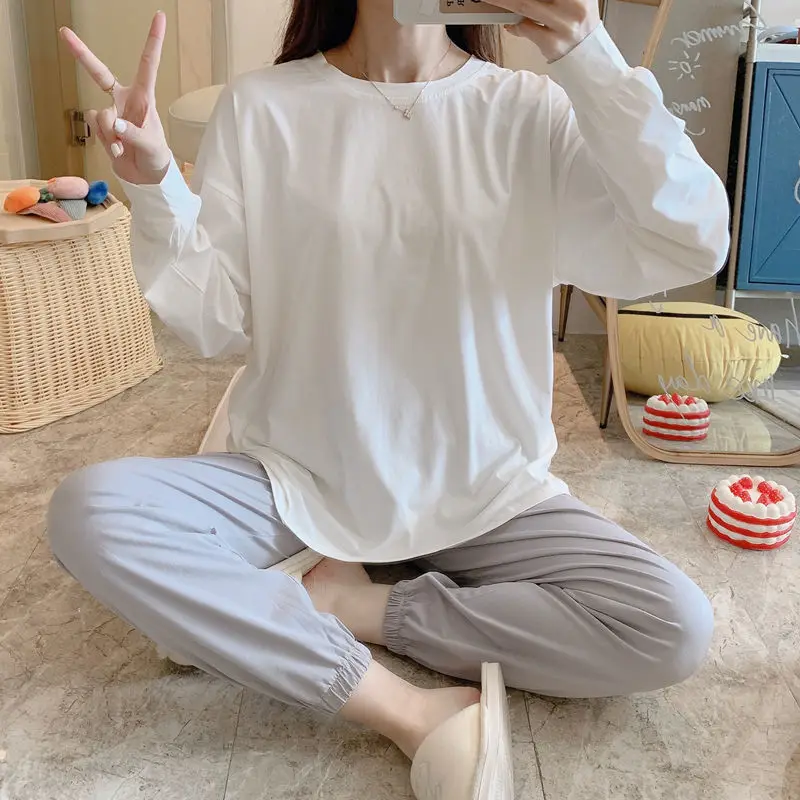 SOUGEN Pajamas for Women's Spring and Autumn Long-sleeved Trousers Cotton Two-piece Casual Simple Style Home Service Nightwear