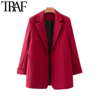 traf women fashion office wear red blazer coat vintage long sleeve pockets female outerwear chic tops