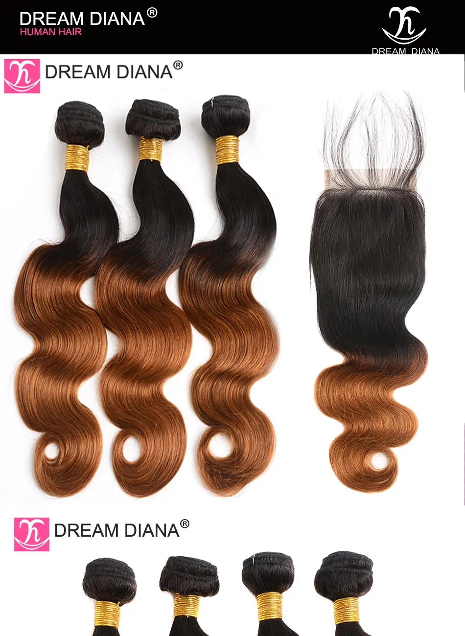 DreamDiana Ombre Малазийская волна тела с закрытием двух тонов 1B 30 1"-26" L Омбре пучки волос Remy с закрытием человеческих волос