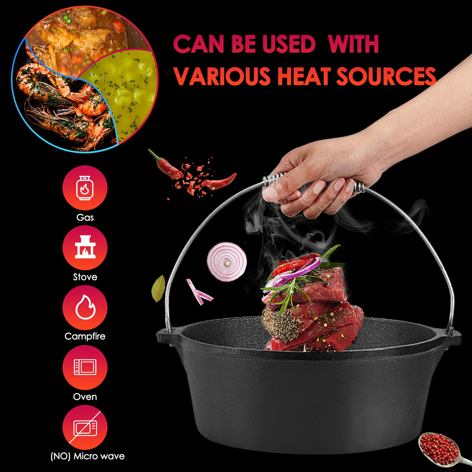 

2-in-1 Dutch Oven Cast Iron Casserole Standing And Dual Function Frying Pan With Lid For Home Cooking, Barbecue, Outdoor Camping