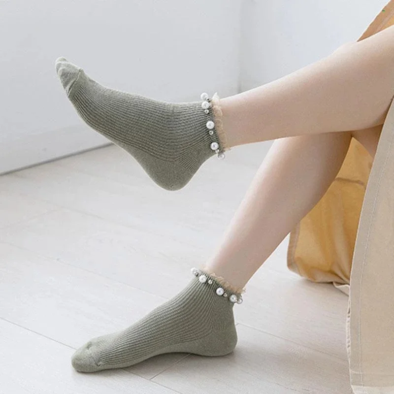 Носки женские кружевные однотонные дышащие хлопковые милые модные с жемчугом в