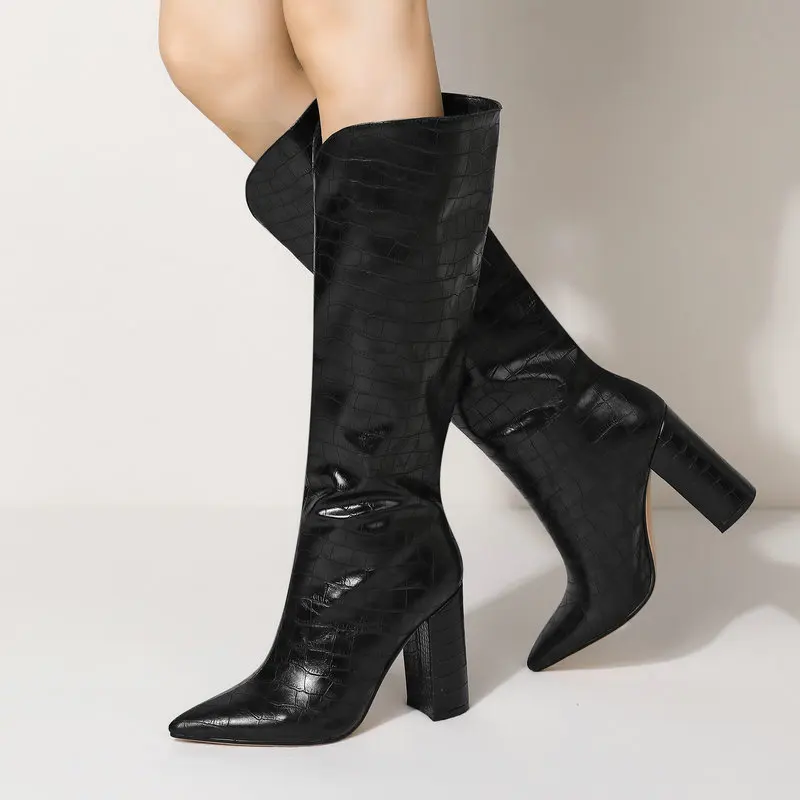 

Plus Size 42 43 Women's Shoes Fashion Slip On Stone Print Knee High Boots Ladies Pointed Toe Square High Heel Vintage Lady Boots