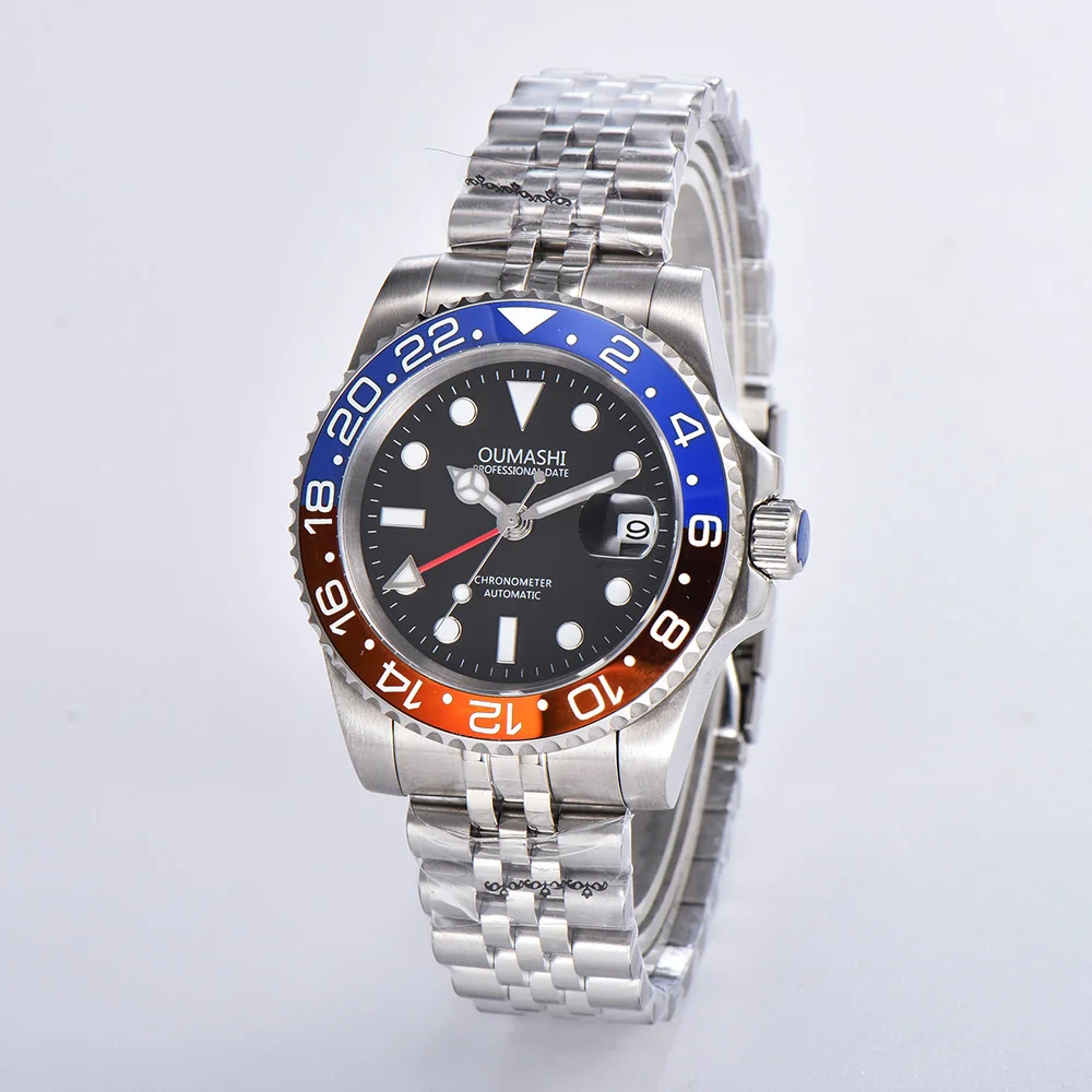 

oumashi automatic mechanical men's watch men GMT blue ren bezel sapphire glass blue Luminous date stainless steel 02