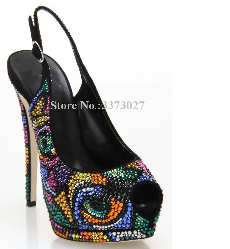 

Lady New Mixed Color Crystal Sandals Shoes Sexy Peep Toe Slingback Stiletto Heel Pumps Platform Shoes Women Party Heels Dropship
