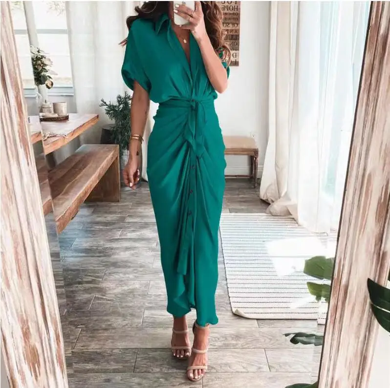 

2021 elegant button draped straps ladies shirt fashion casual short-sleeved beach long skirt summer sexy deep V female dress