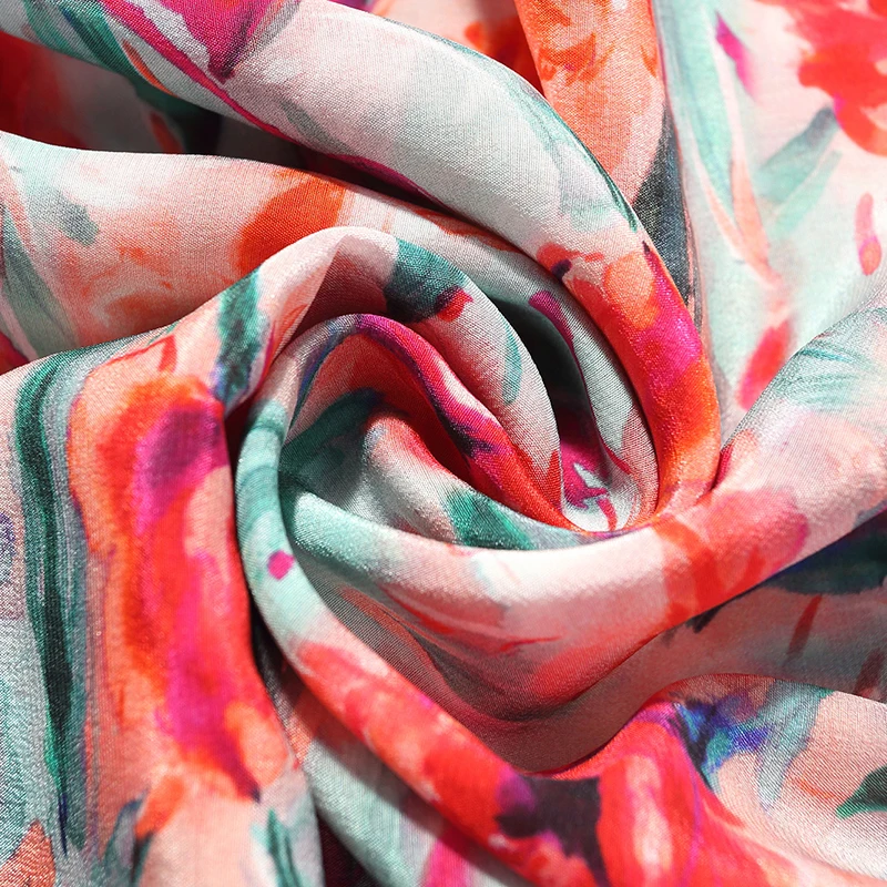 

100% Natural Real Silk Women 2021 Summer Dresses Elegant V-neck Short Sleeve High Waist Floral Print Lady A-line Split Dress