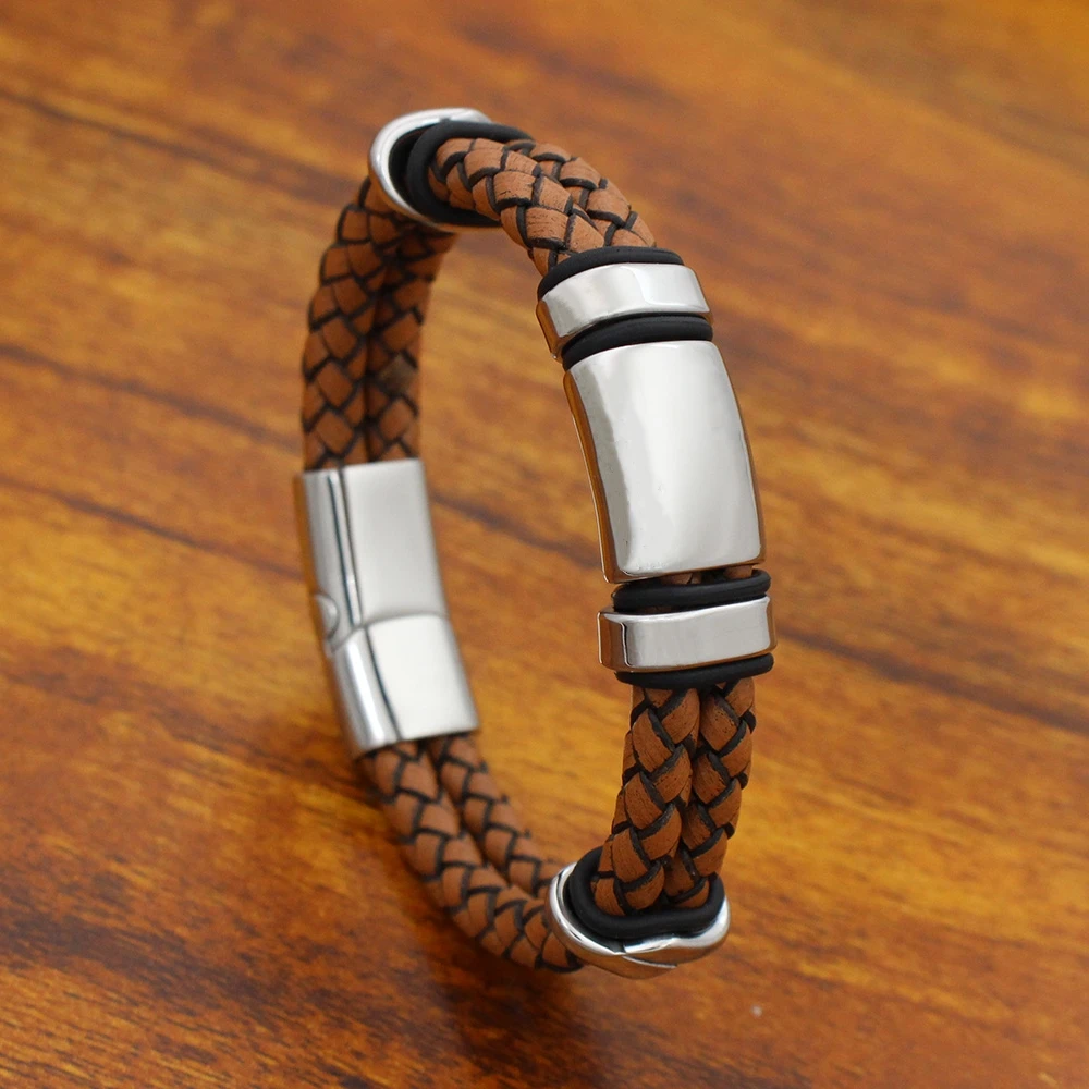 Двойной плетеный Ретро браслет из натуральной кожи мужские браслеты нержавеющей
