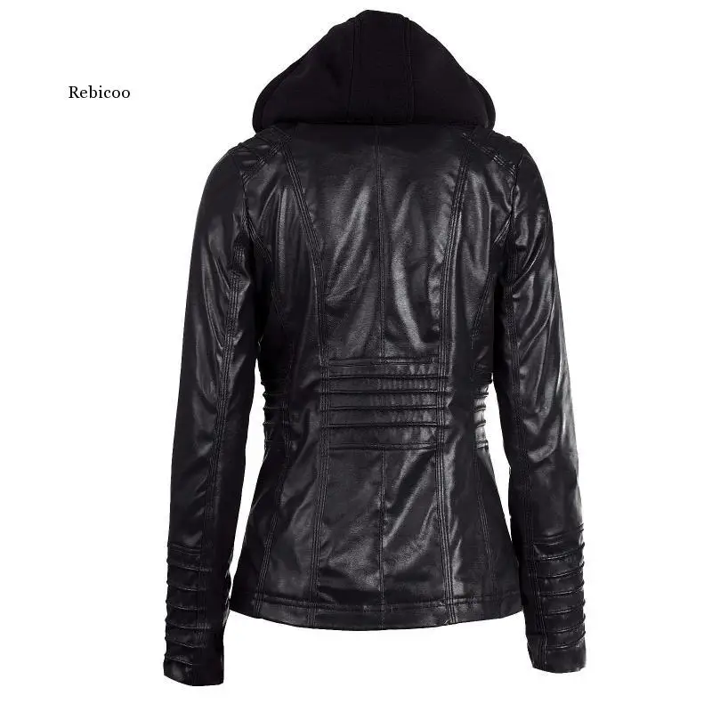 

New Women Autumn Winter Hooded Faux Leather Jacket Slim Motorcycle Hat Detachable Plus Size 5Xl Pu Leather Coat