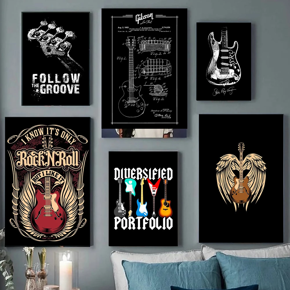 

Vintage Black Guitar Poster And Prints Instrument Canvas Painting Music Quote Wall Art Pictures Guitar Fans Gift Room Home Decor