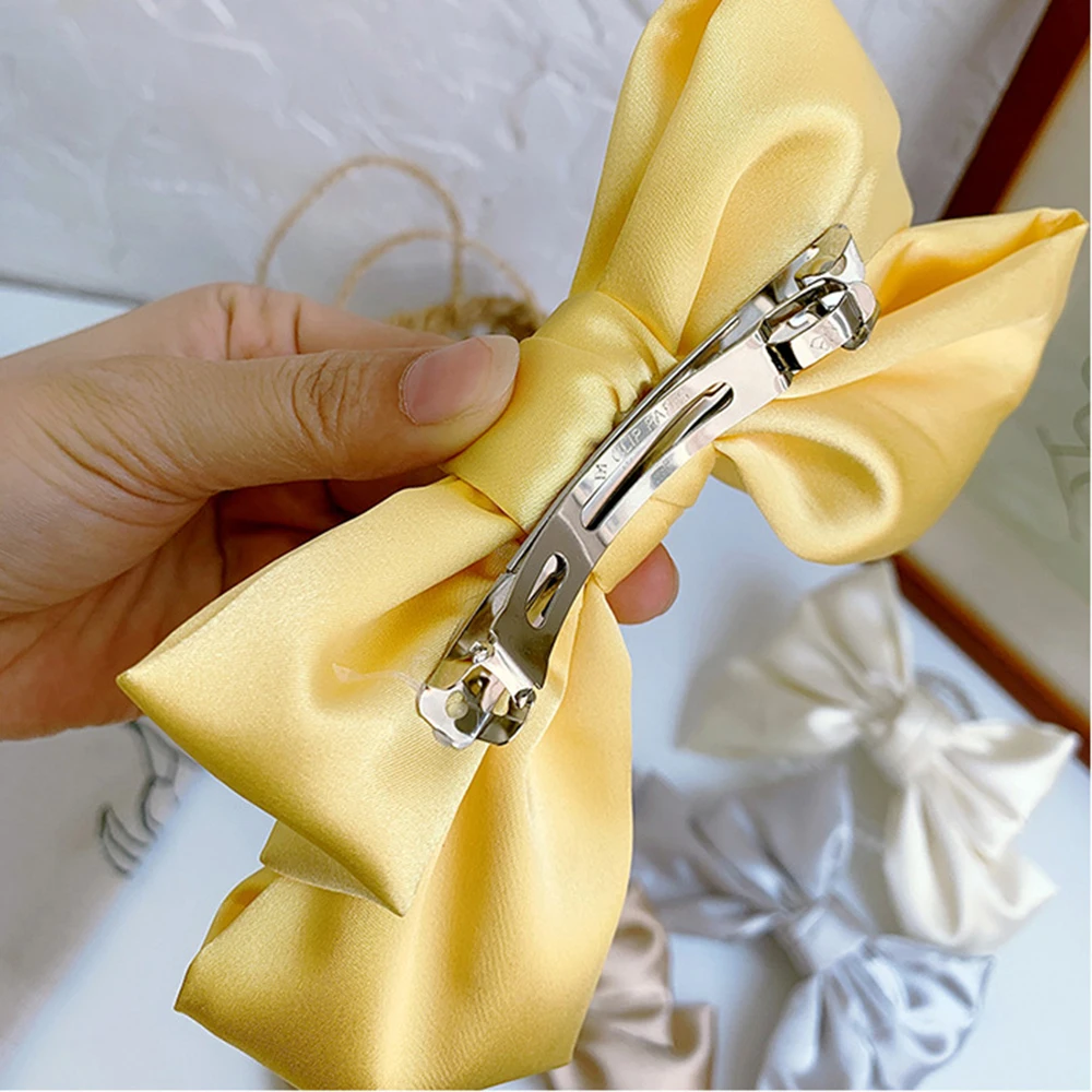 

High Quatity Solid Color Big Bow Hairpins For Girl Popular Hair Clip For Women Sweet Two-layer Satin Hairgrip Hair Accessories