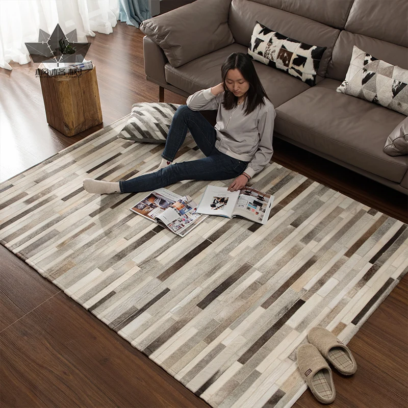 Striped Gray Natural Cowhide Patchwork Rug HF-02