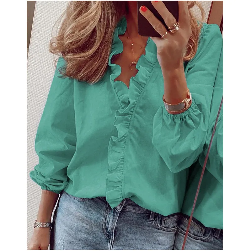 

Summer Ladies Shirt 2021 Fashion Elegant Ruffled Long Sleeve Shirt Solid White Blue Daisy Print Casual Plus Size Women Shirts