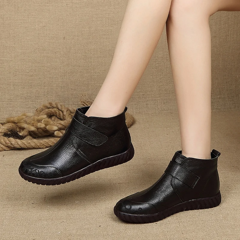 GKTINOO/ г. Зимние женские ботинки из натуральной кожи ручной работы г. botas Mujer, однотонные Зимние ботильоны без застежки ботинки на плоской подошве