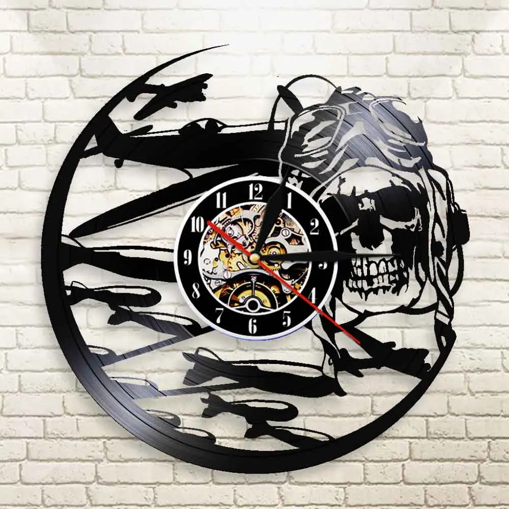 Retro Pilot Skull Wall Clock Aviator Skeleton Vinyl Record Airplane Flying Jet Helmet Hipster Goggles Deco | Дом и сад