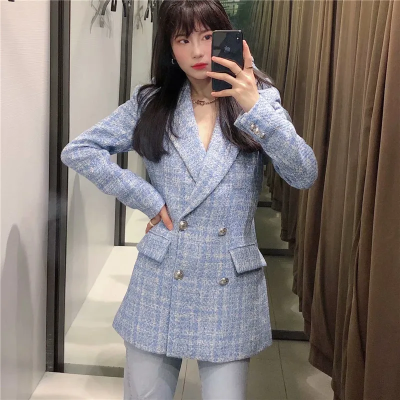 Женский текстурированный блейзер в клетку Za синие офисные блейзеры с длинным