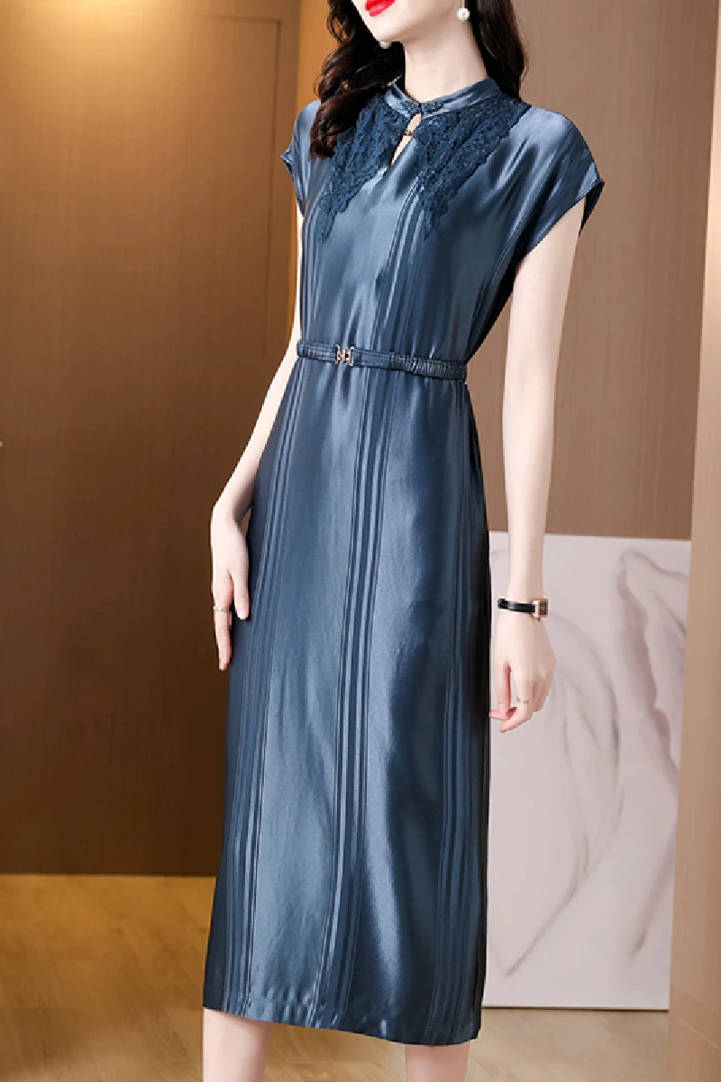 

COIGARSAM 3XL Plus Size Short Sleeve Women dress New Summer Belt High Waist Dresses Blue Khaki 6503