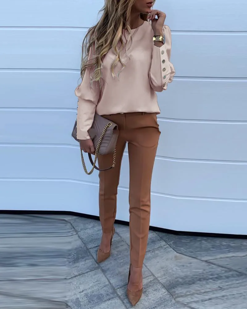 Solid Metal Buttoned Detail Casual Blouse