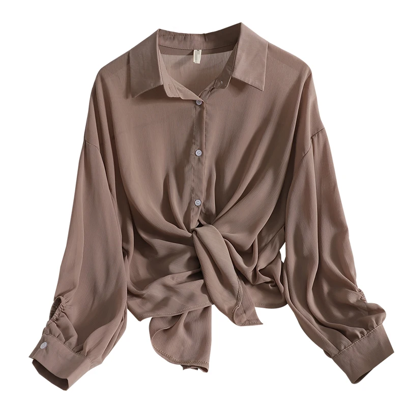 

Pleated long-sleeved sunscreen shirt pure color casual chiffon shirt summer new buttoned front long and short shirt women tops