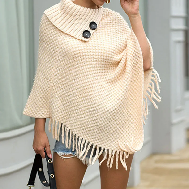 Осенне-зимняя накидка с бахромой полуоткрытый воротник одноцветная капюшоном