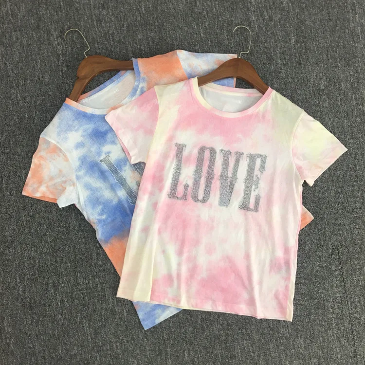 Женская футболка с принтом «Tie-dye», Женская хлопковая футболка с надписью «Hot Drilling LOVE», женская одежда с коротким рукавом и градиентом