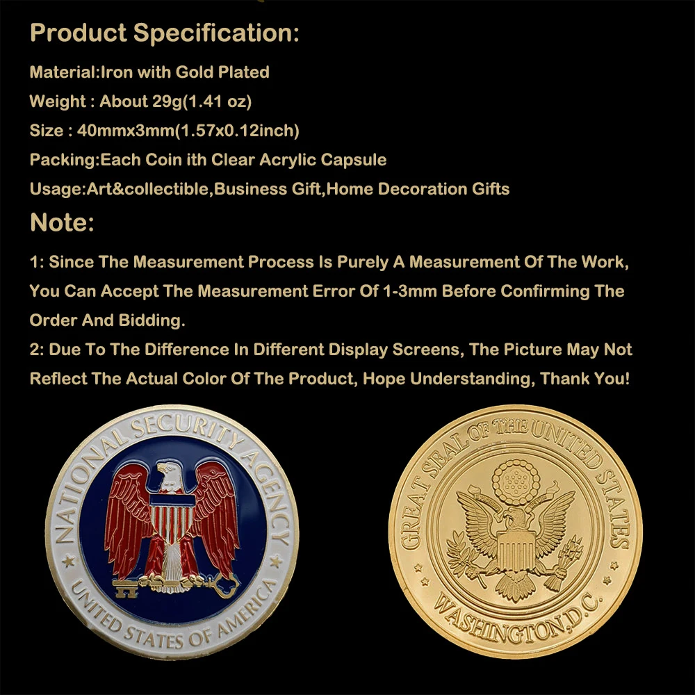 

Gold Souvenirs Coin National Security Agency United States Washington D.C Collectible Coins Usa Medal Gift