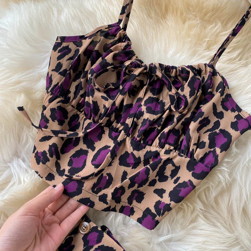 SINGRAIN Women Autumn Fashion Retro Leopard Set Sexy Sleeveless Strap Short Tops+High Waist Split Long Skirt Two Pieces |