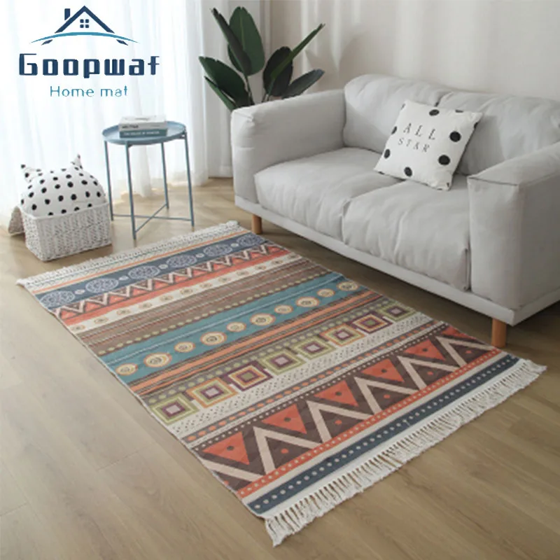 Ретро богемный тканый хлопковый льняной ковер ручной работы с кисточками