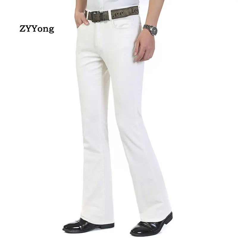 Free Shipping Business Casual Men's Jeans Trousers Mid Waist Elastic Slim White Boot Cut Semi-Flared Bell Bottom Denim Pants
