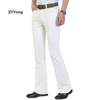 free shipping business casual mens jeans trousers mid waist elastic slim white boot cut semi flared bell bottom denim pants