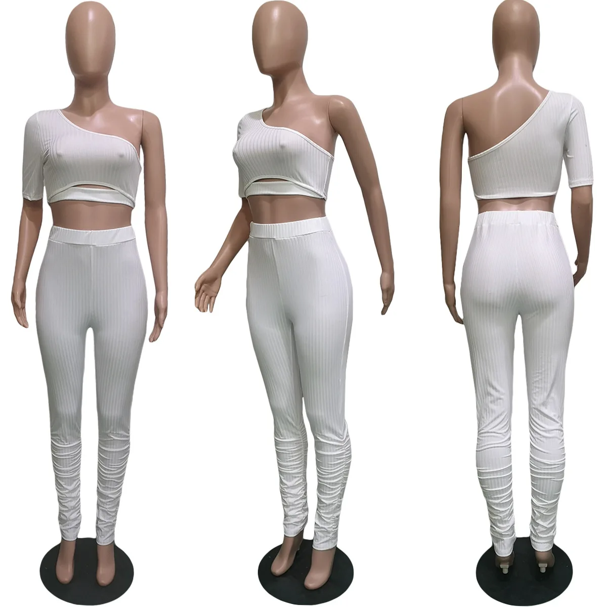 

FNOCE summer women's sets fashion casual sexy nightclub Solid Color Slash neck tops tight Pleated trousers Irregular two-piece