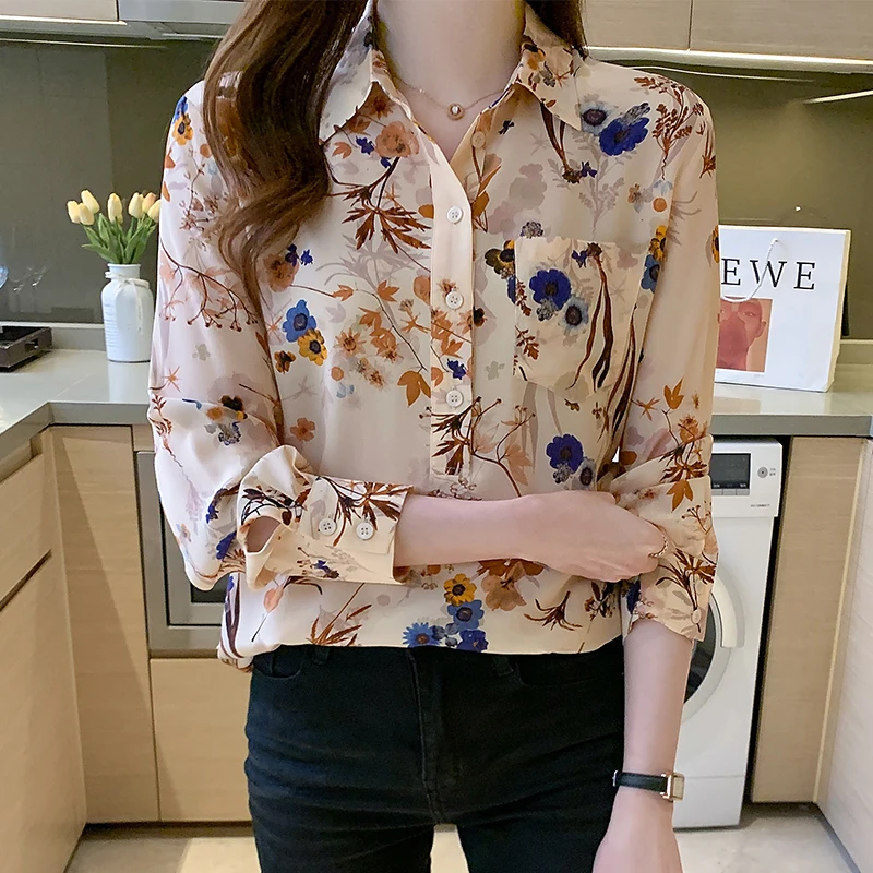 

Pop elegant flower print ladies shirts Women's Blouses New Spring Autumn Long Sleeve pockets Shirts Tops Blusas Mujer