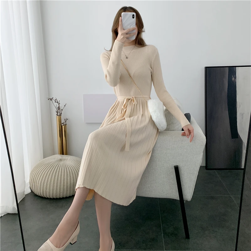 2020 Новое модное зимнее женское платье с длинным рукавом и высокой горловиной