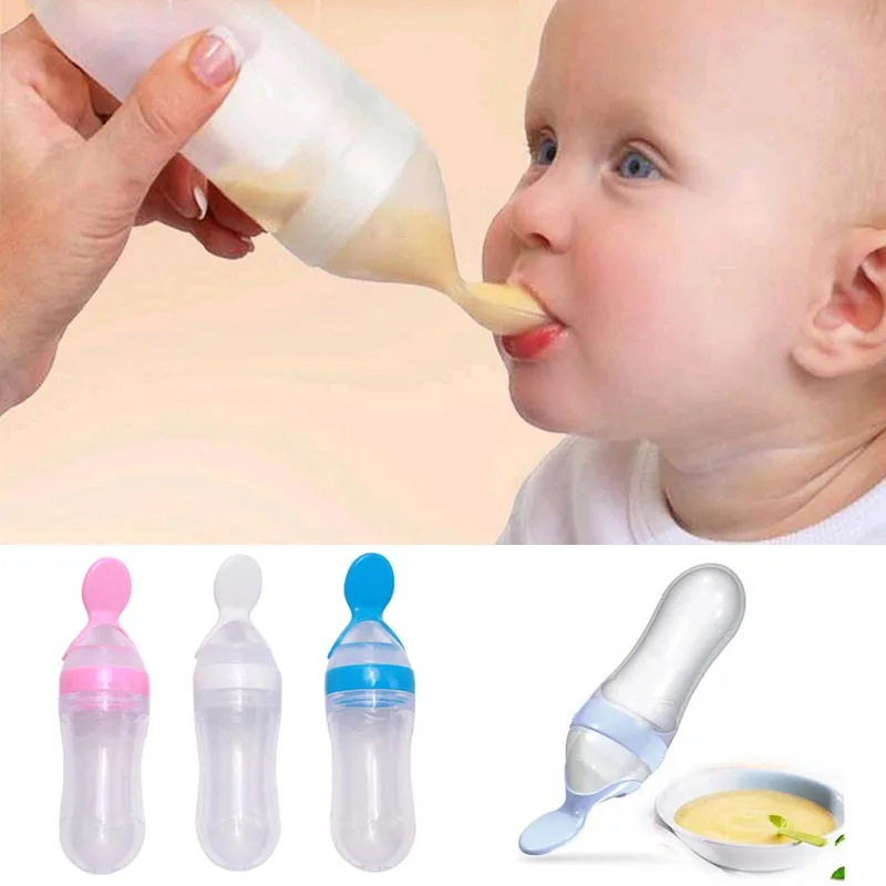 

New Silicone Baby Feeding Bottle With Spoon Food Supplement Rice Cereal Bottle Baby Squeeze Spoon Silica Gel Spoon 90ml